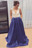 2021 A Line V Neck Prom Dresses Satin With Beading Sweep Train Zipper