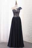 Satin A Line Scoop Cap Sleeve Prom Dresses With Applique
