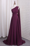 2021 One Shoulder A Line Chiffon Prom Dresses With Ruffles Sweep