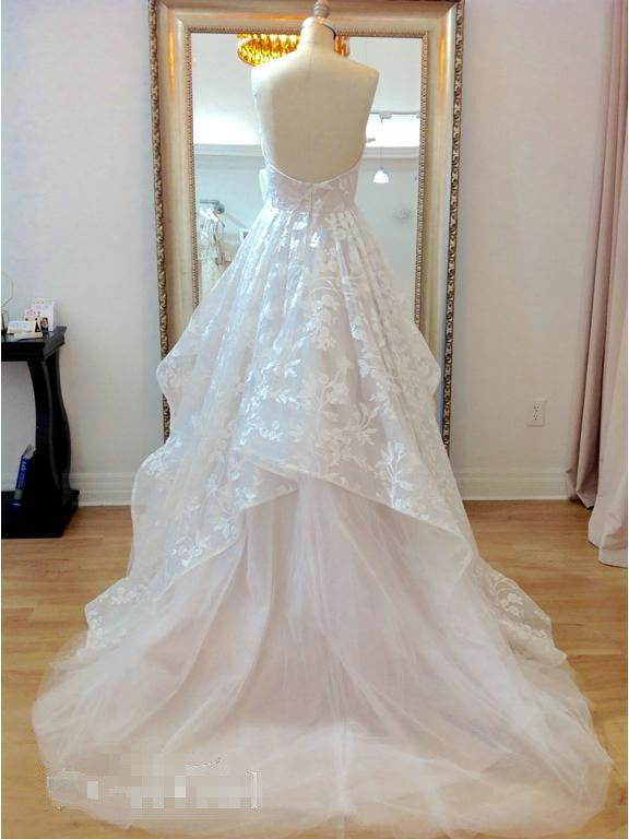 A Line 3d Lace Appliques V Neck Strapless Wedding Dresses Chapel Train Wedding Gowns On Sale Smilepromdresses