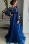 Charming A Line Long Sleeve Tulle Appliques Prom Dresses, Long Evening SME20456