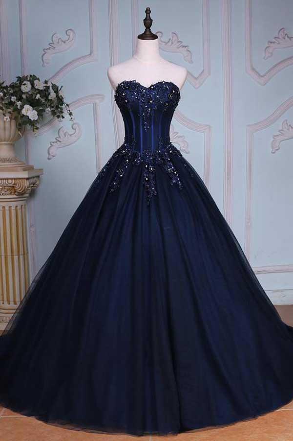 navy tulle prom dress