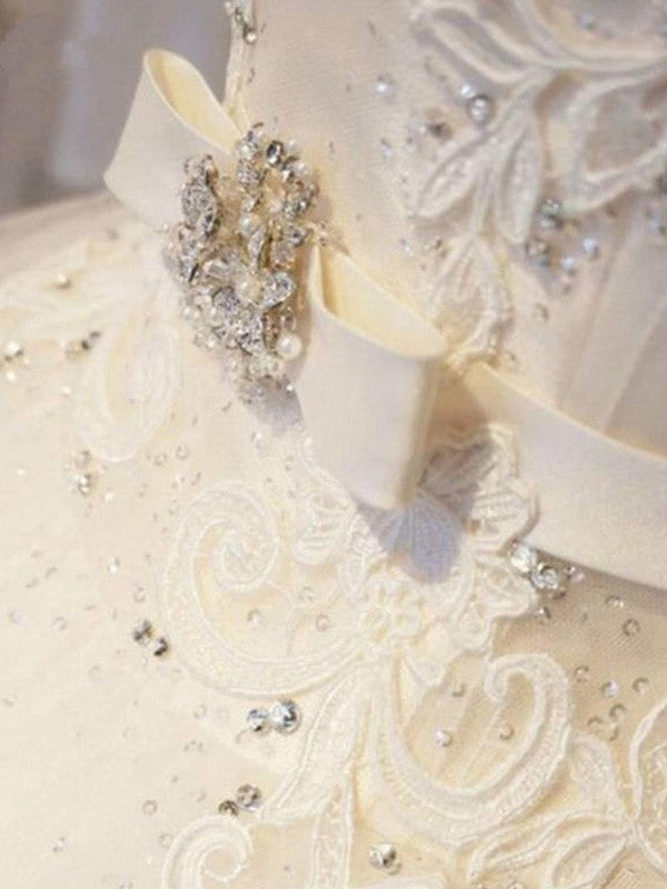 Ball Gown Sleeveless Off-the-Shoulder Sweep/Brush Train Sash/Ribbon/Belt Beading Applique Lace Wedding Dresses TPP0006535