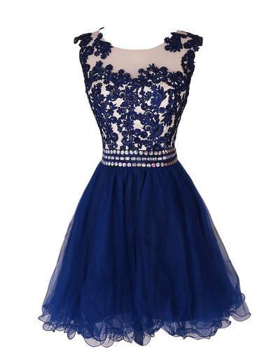 Navy Blue Lace Short Prom Dress Homecoming Dresses With Waist Beadings Royal Blue Custom Made Mini Length Wedding Party Dress Gown Smilepromdresses