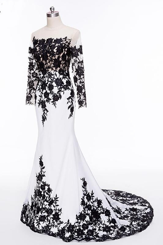 Prom Dresses ,White Black Lace Appliques Mermaid Long Sleeves Satin ...