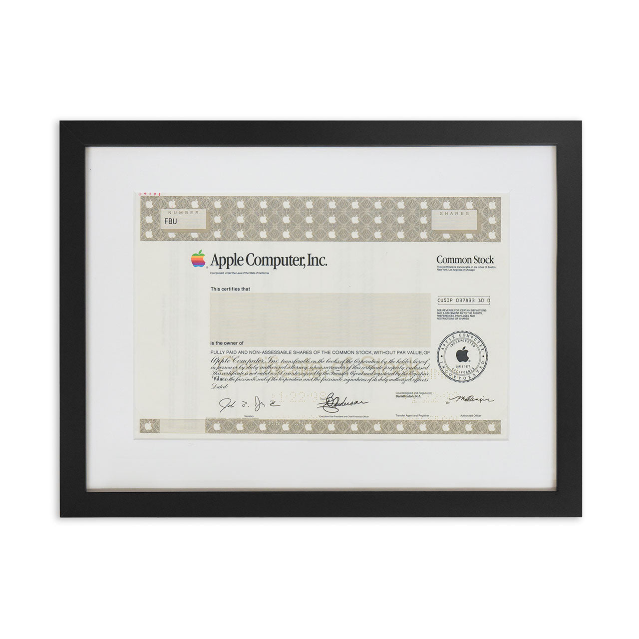 1998 Apple Framed Stock Certificate Uncrate