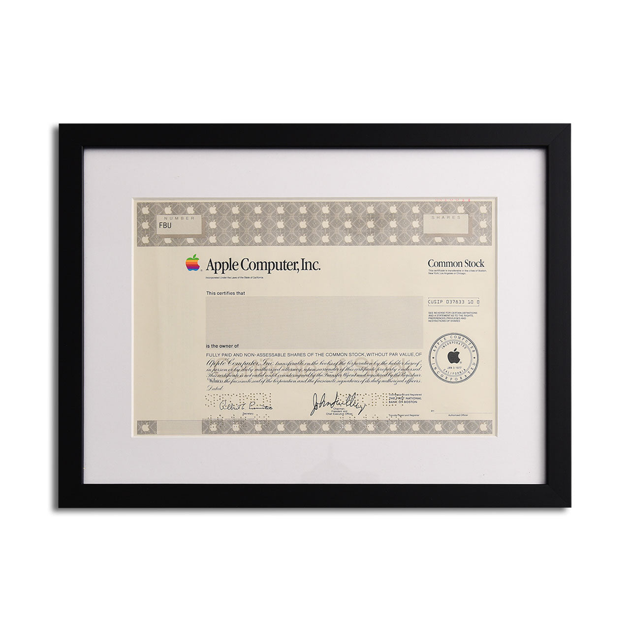 1988 Apple Framed Stock Certificate