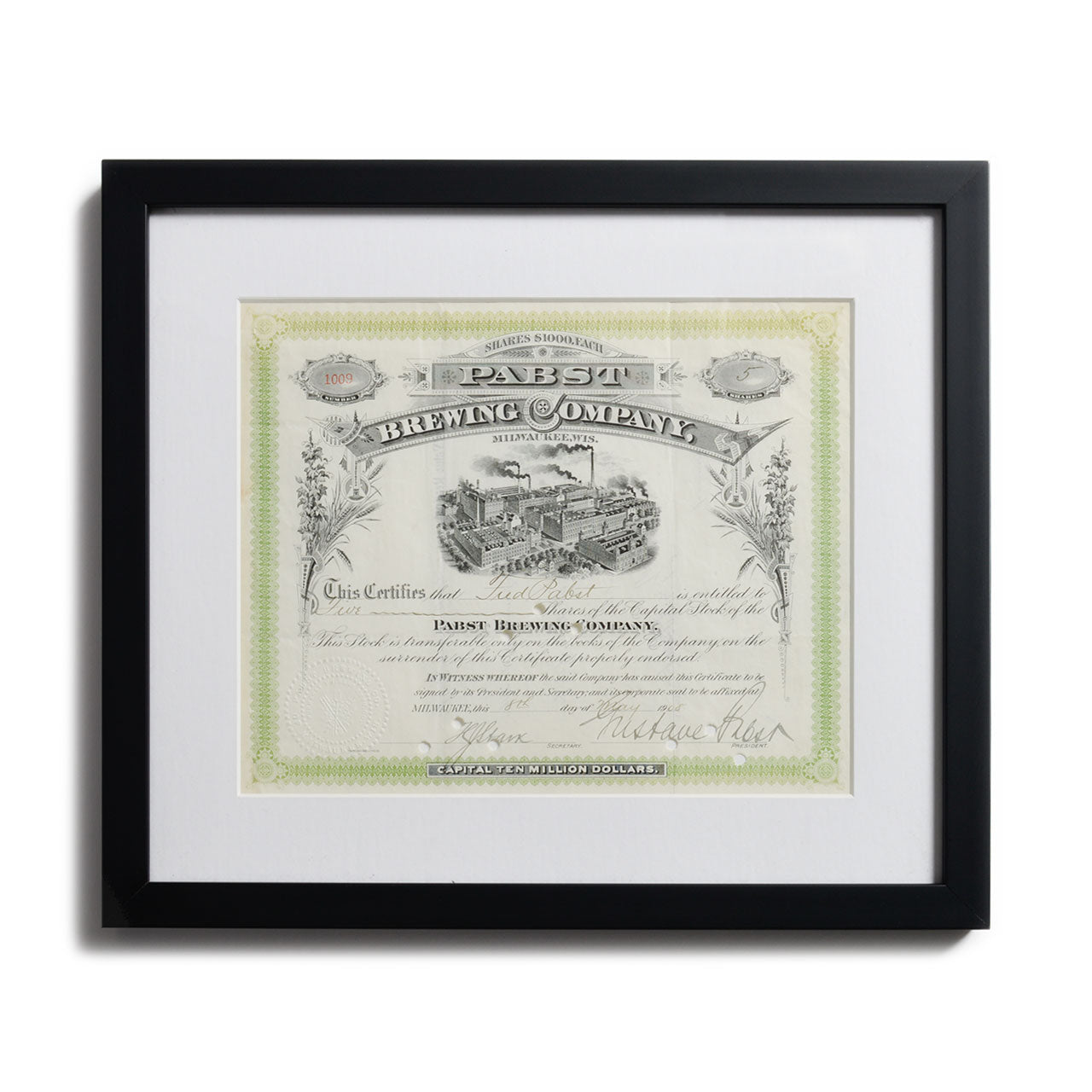 Pabst Brewing Signed Framed Stock Certificate