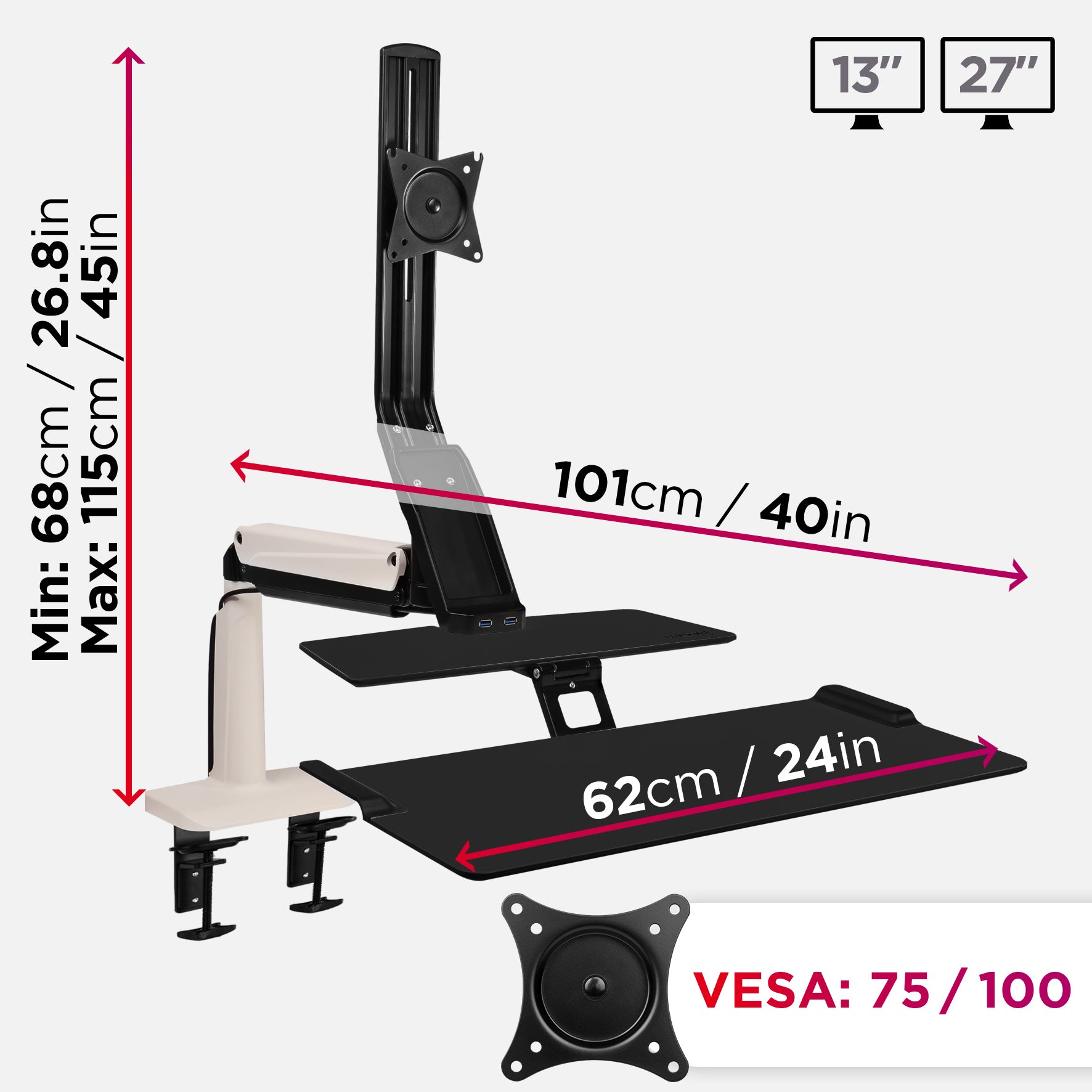 dimensions, size, measurements, adjustability, movement, vesa 75/100, inches, centimetres, arm, pole