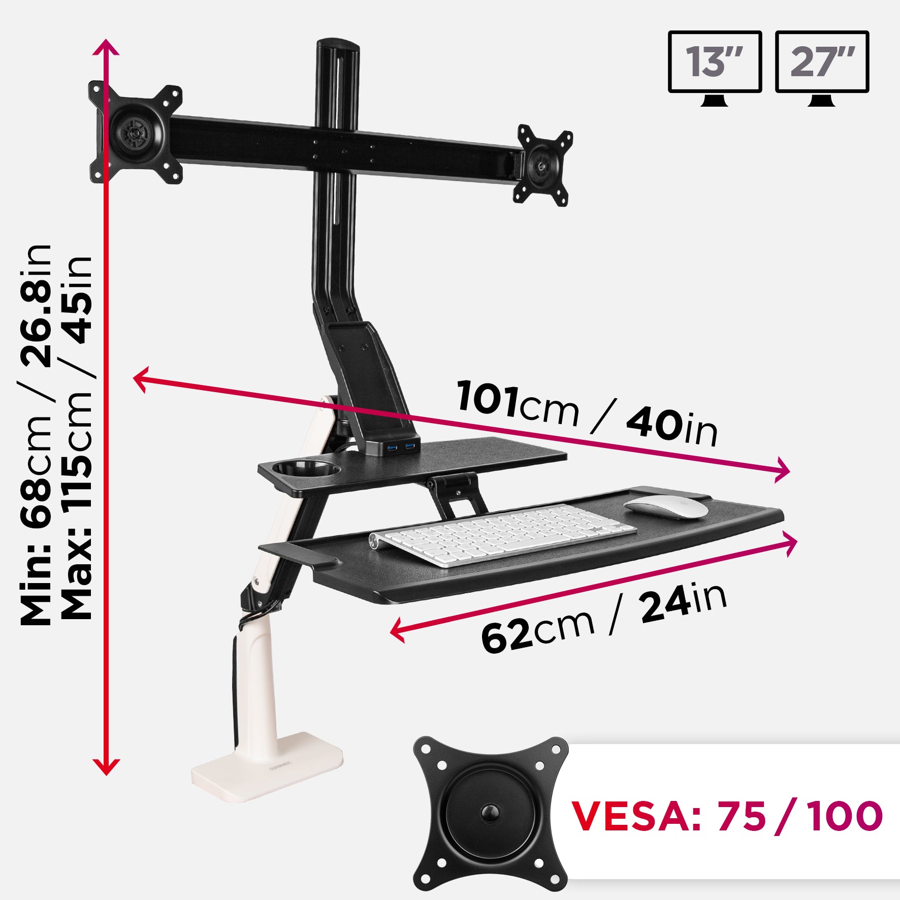 dimensions, size, measurements, adjustability, movement, vesa 75/100, inches, centimetres, arm, pole