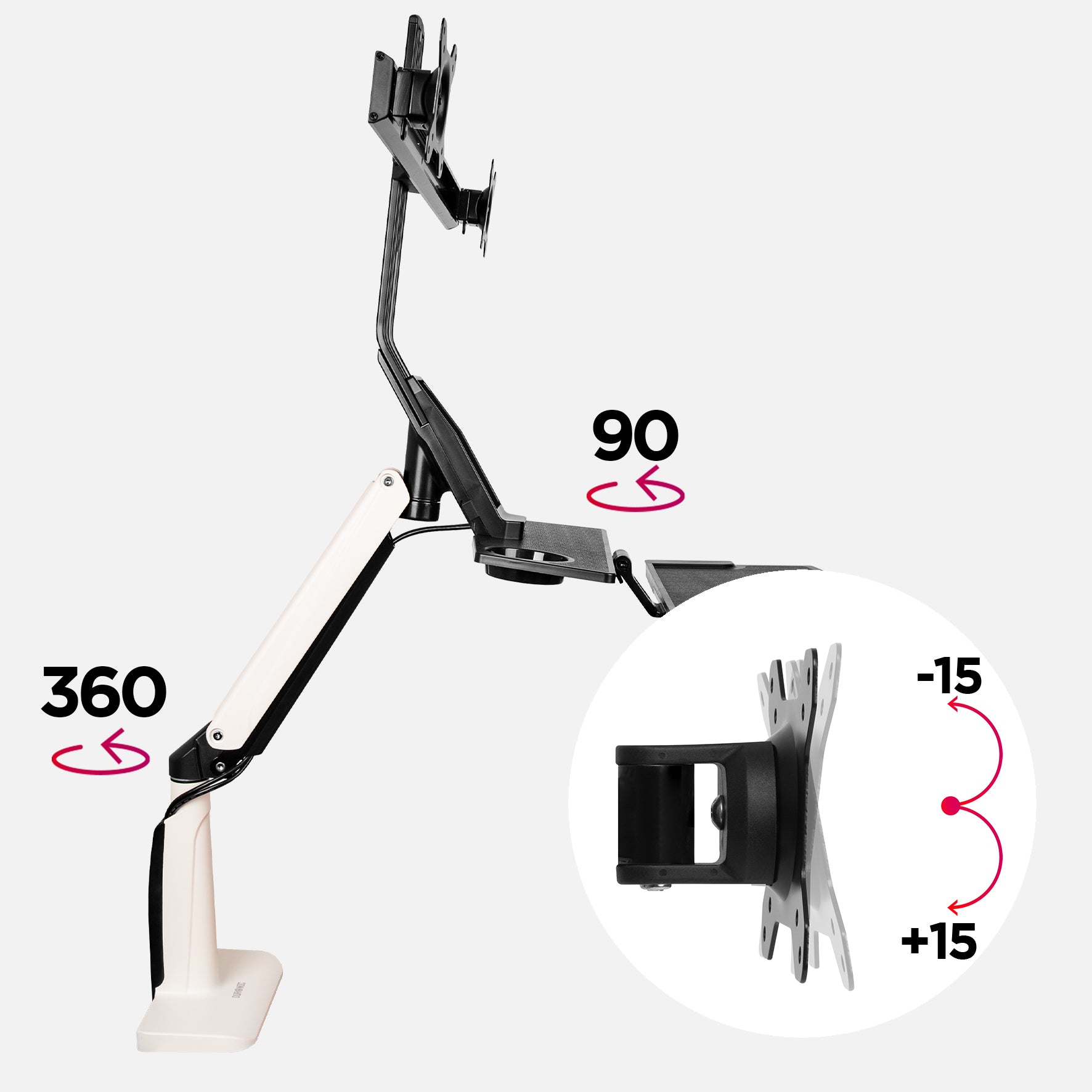 180, cable, management, swivel, rotate, tilt, tilting, swivelling, head, vesa, clamp, joints,