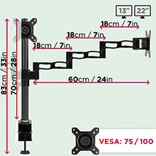 dimensions, size, measurements, adjustability, movement, vesa 75/100, inches, centimetres, arm, pole