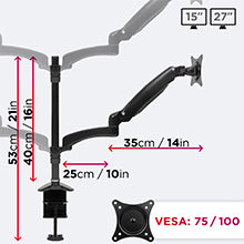 dimensions, size, measurements, adjustability, movement, vesa 75/100, inches, centimetres, arm, pole