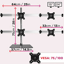 dimensions, size, measurements, adjustability, movement, vesa 75/100, inches, centimetres, arm, pole