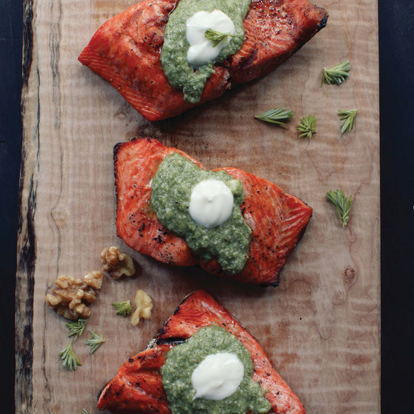 Babequed Salmon with Tree Tip Pesto. Copyright © 2017 Lindsay Anderson and Dana VanVeller. Published by Appetite by Random House®, a division of Penguin Random House Canada Limited. Reproduced by arrangement with the Publisher. All rights reserved.