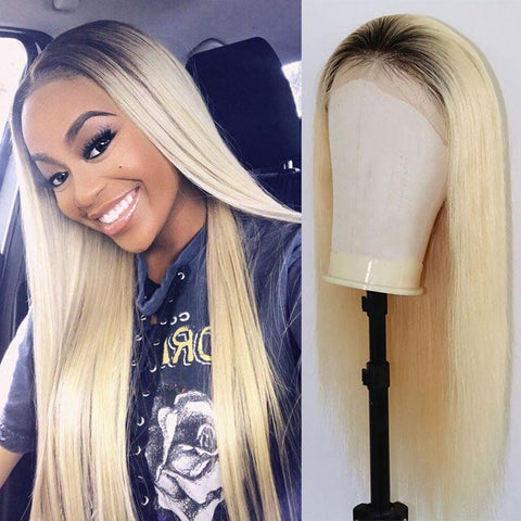 black roots blonde ombre color human hair straight lace front wig