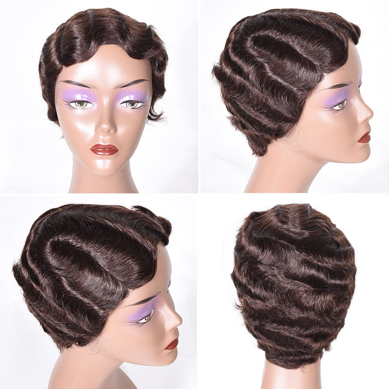 Modern Show Short Mommy Hair Wig Finger Wave 100% Human Hair Wigs Guleless Pixie Cut Machine Made Wig color 4