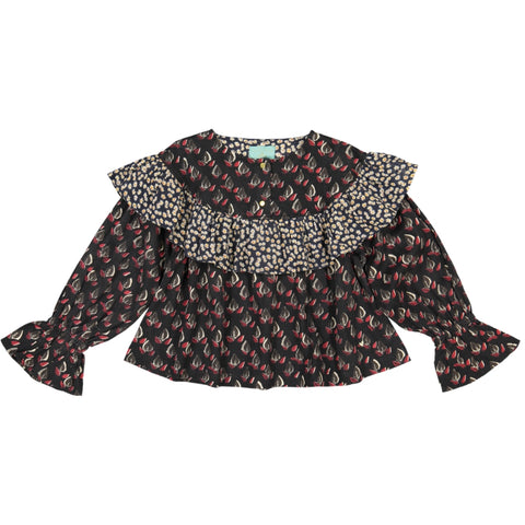Girls clothes. Black printed girl blouse with long sleeves and ruffle at yolk, mix matched prints