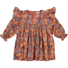 Girls clothes. Party dress in brown colors with leaf print with big ruffles along the sleeves