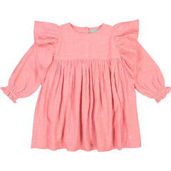 Girls clothes. Pink party dress with big ruffles along the sleeves