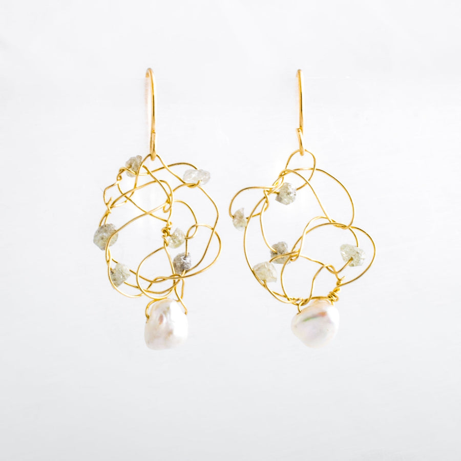 14K Gold Knot Raw Diamond and Freshwater Pearl Earrings – Susan Freda ...