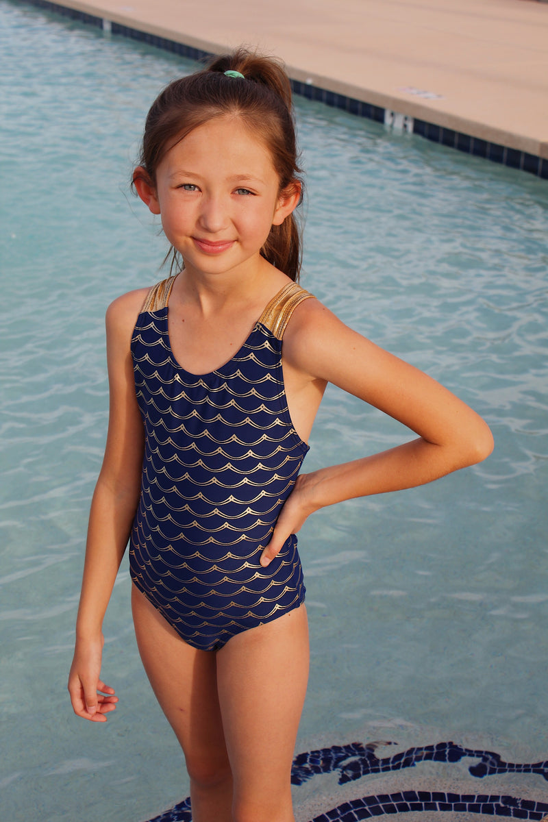 Ready 2 Ship! Swimsuit - Nautical Navy and Gold One Piece - Size Child ...