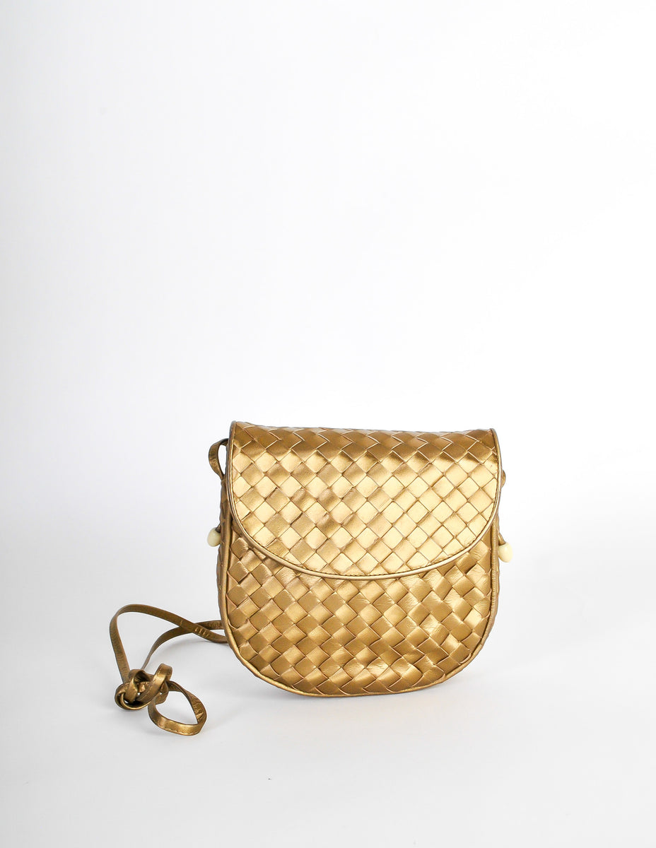 Bottega Veneta Vintage Intrecciato Gold Woven Leather Crossbody Bag ...