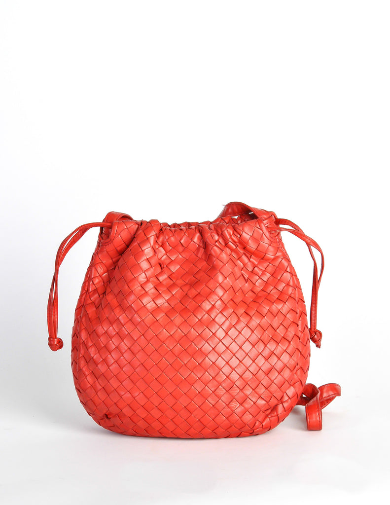 Bottega Veneta Vintage Intrecciato Red Woven Leather Drawstring Bag ...