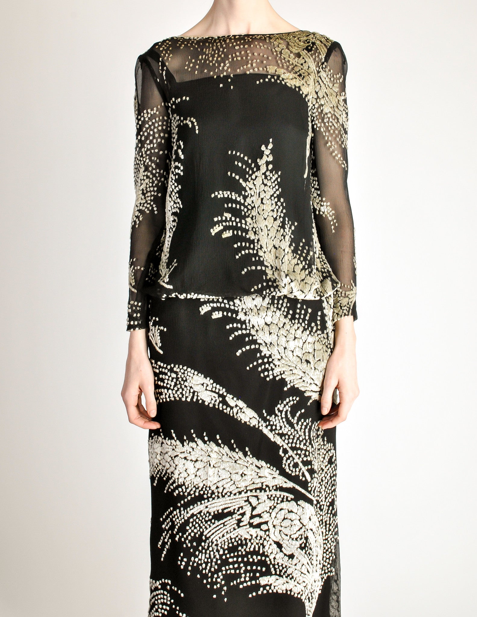 Celine Vintage Black Sheer Silk Embroidered Fuzzy Gold Tinsel Dress ...