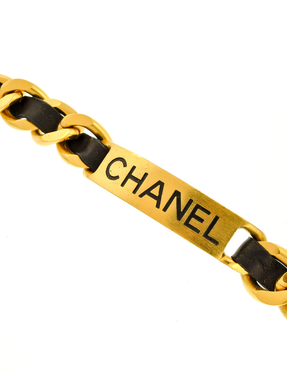 Chanel Vintage Gold Chain & Black Leather ID Tag Nameplate Choker Neck ...