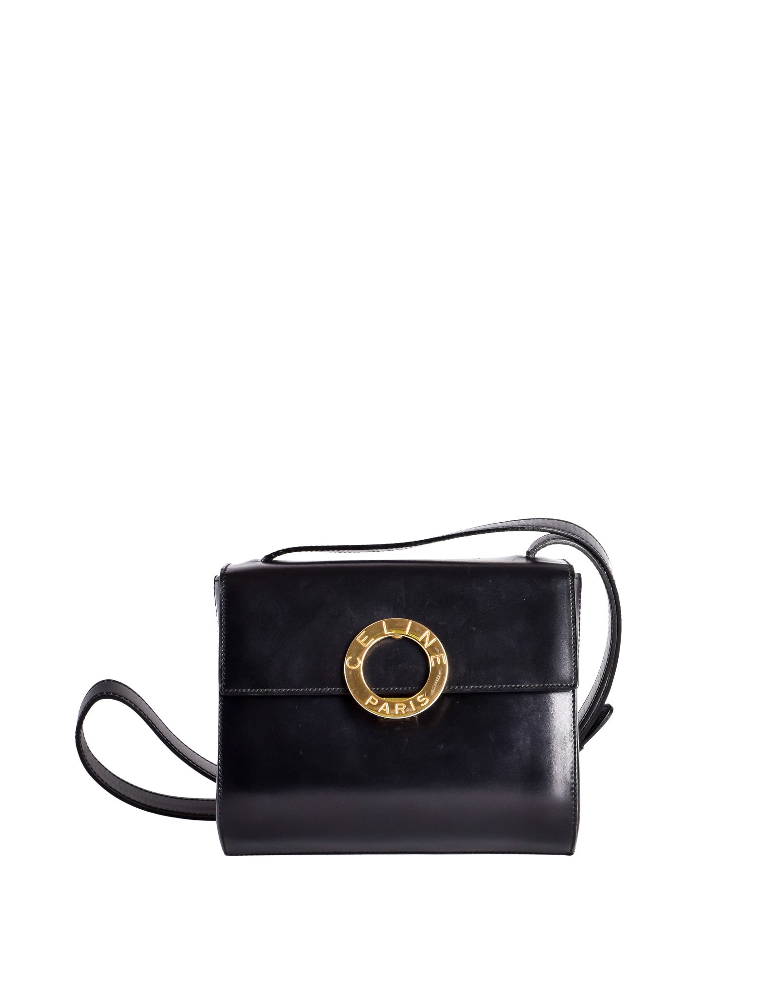 Celine Vintage Gold Circle Black Leather Structured Shoulder Bag - from Amarcord Vintage Fashion