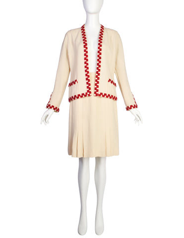 Chanel Vintage Beige Wool Two-Piece Jacket and Skirt Suit