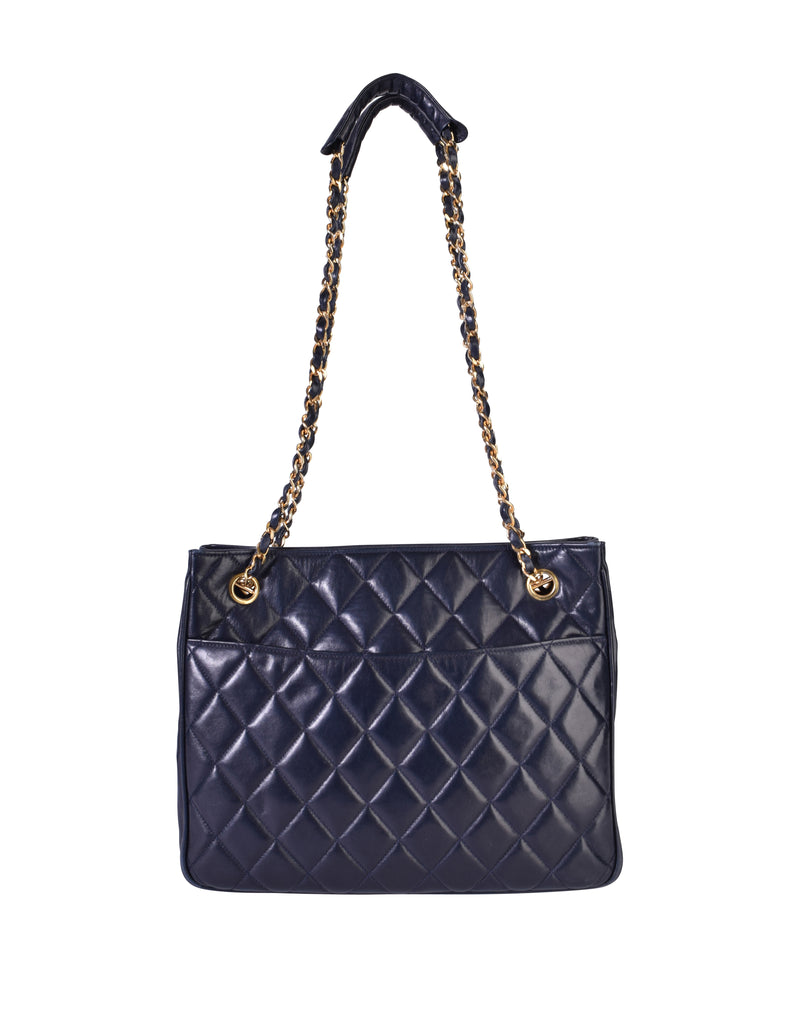 Chanel Vintage 1980s Matelasse Quilted Navy Blue Lambskin Leather