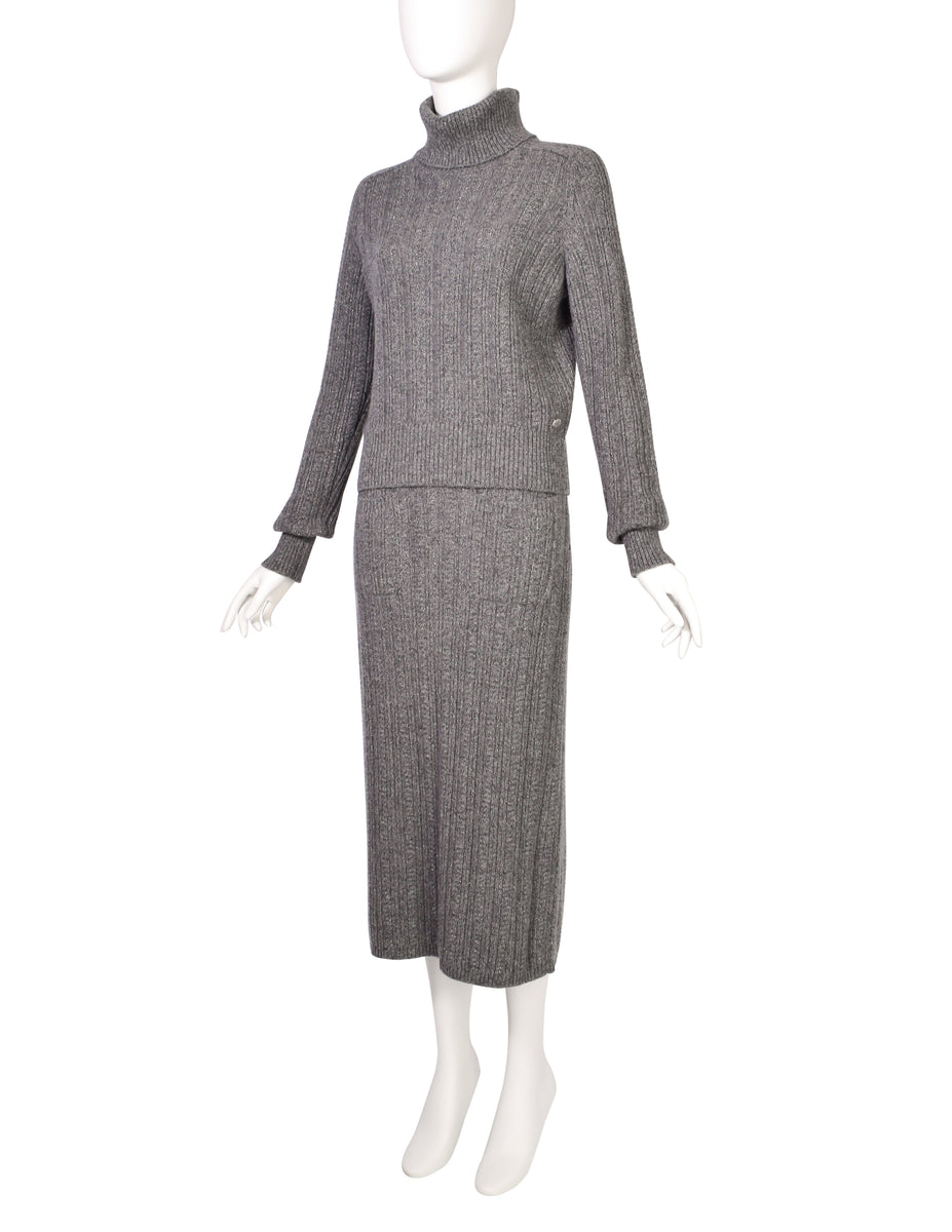 Chanel PF 2015 Grey Sparkly Cashmere Knit Sweater and Skirt Set ...