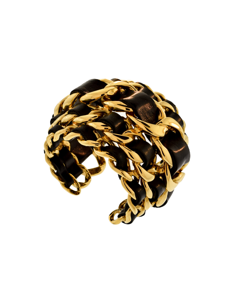 Chanel Vintage Iconic Gold Five Row Chain and Black Leather Cuff Brace ...