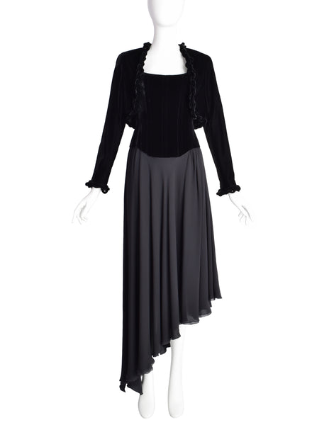 Chanel Vintage AW 1993 Black Velvet Silk Chiffon Corset Dress and Chain Bolero Ensemble