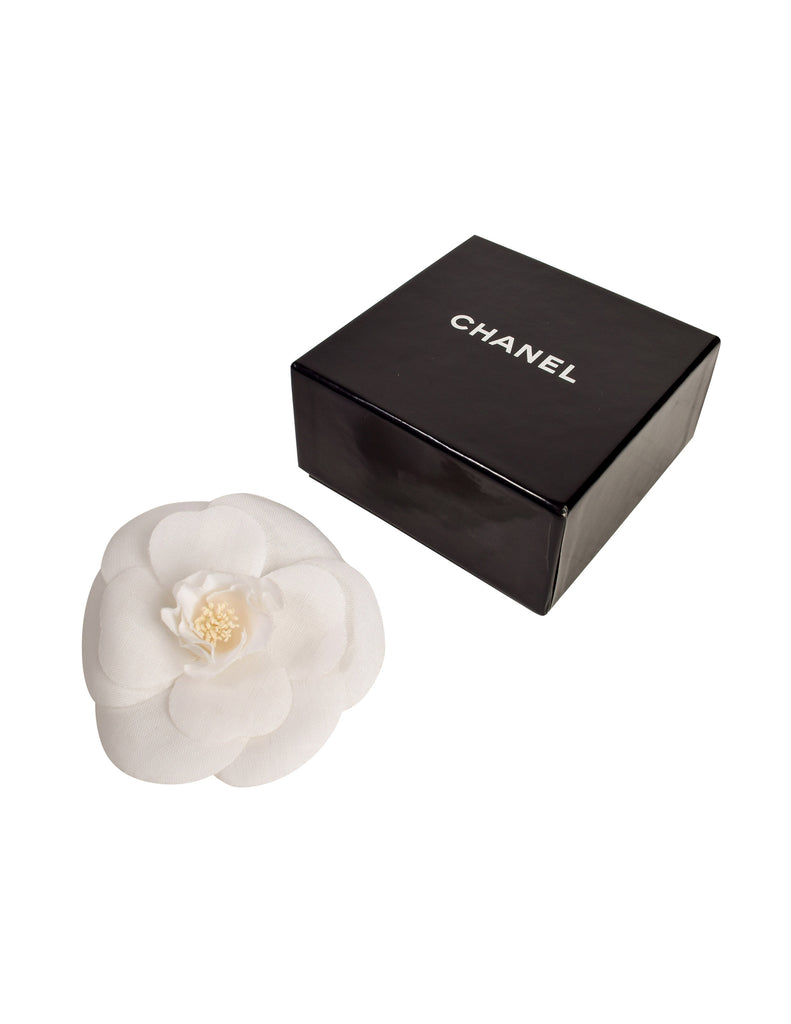 Chanel White Coated Fabric Camellia Pin Brooch Chanel  TLC