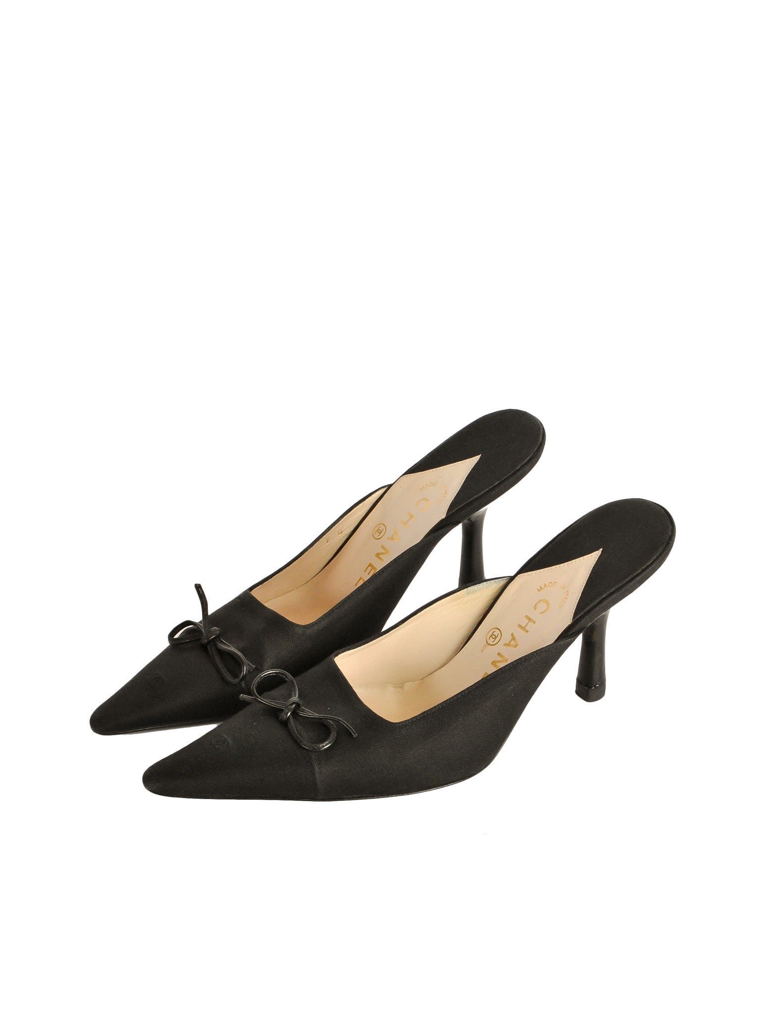 Chanel Vintage Black Pointed Toe Bow Mules - from Amarcord Vintage Fashion