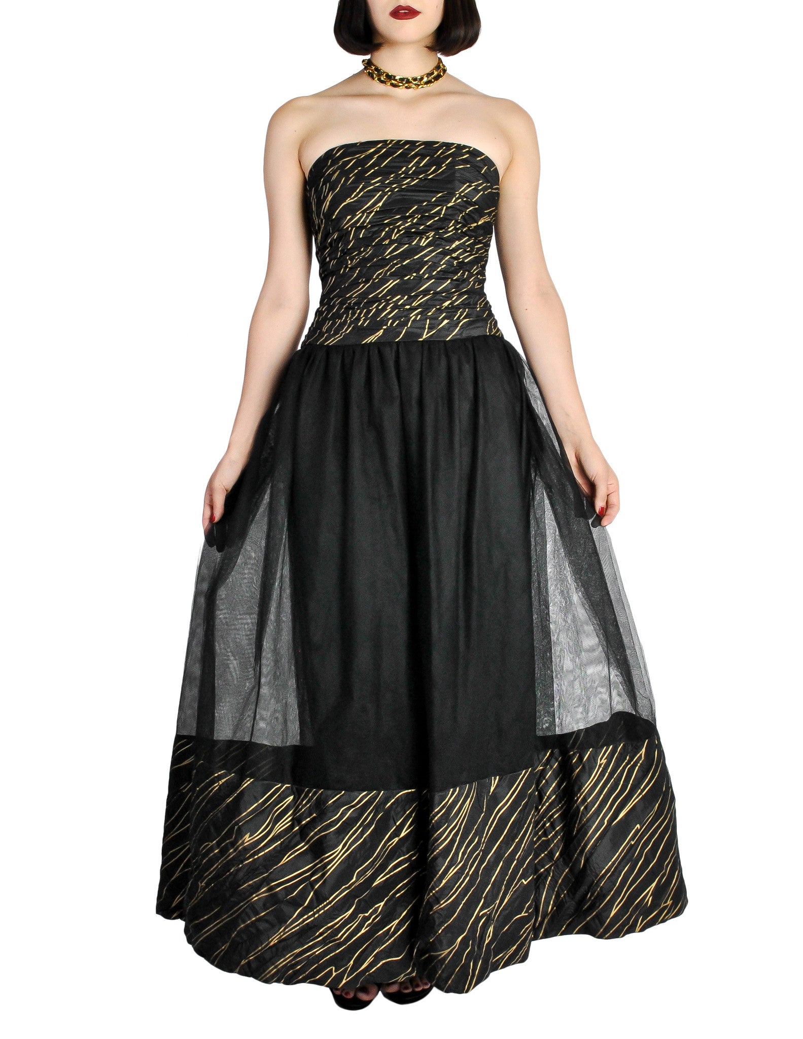 Chanel Vintage Black & Gold Silk & Tulle Evening Gown - from Amarcord