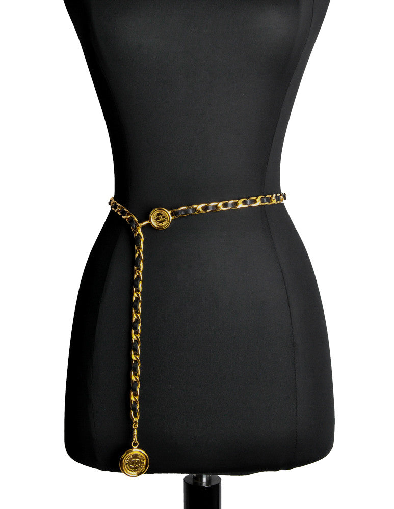 Chanel Vintage Black/Gold Leather Chain Belt Amarcord Vintage Fashion