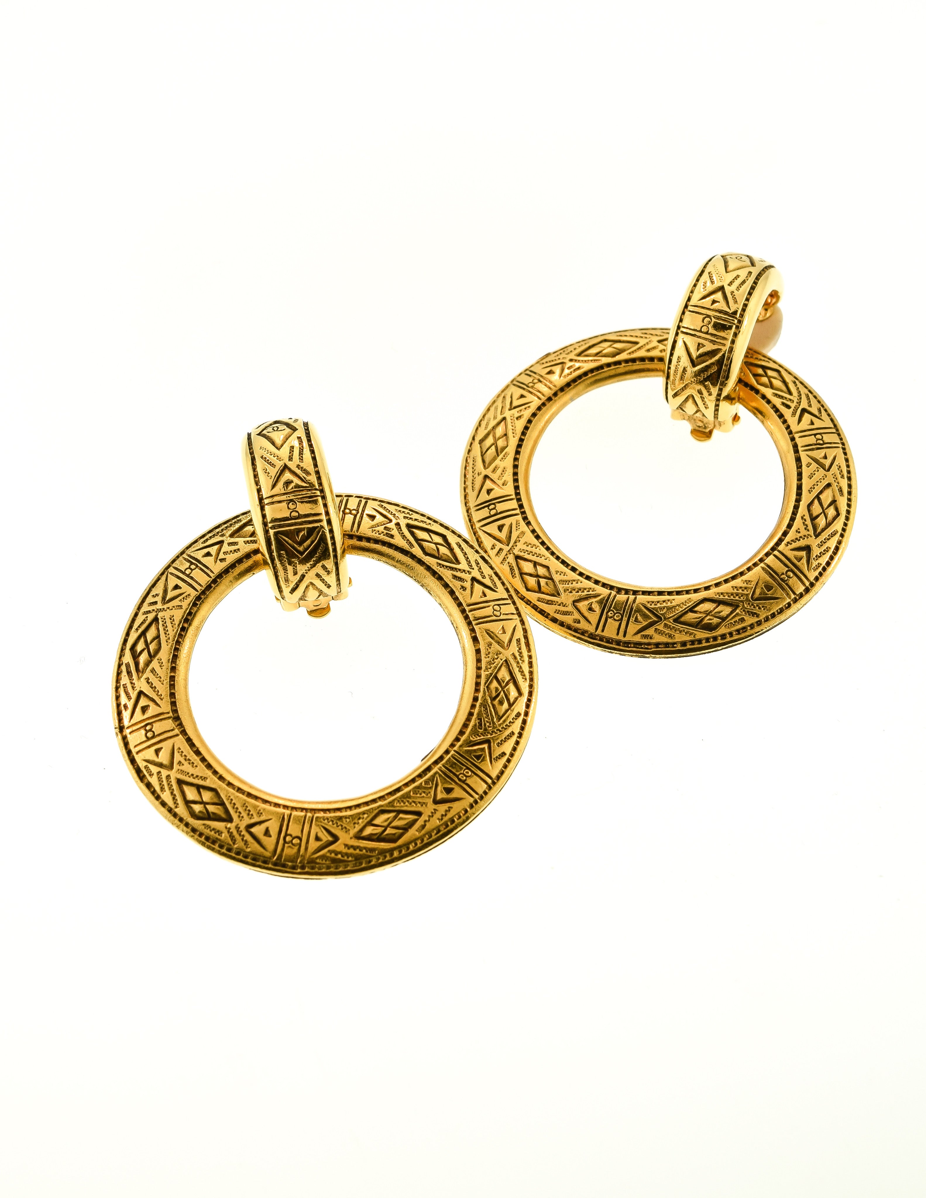Chanel Vintage Etched Gold Two Piece Hoop Earrings - from Amarcord