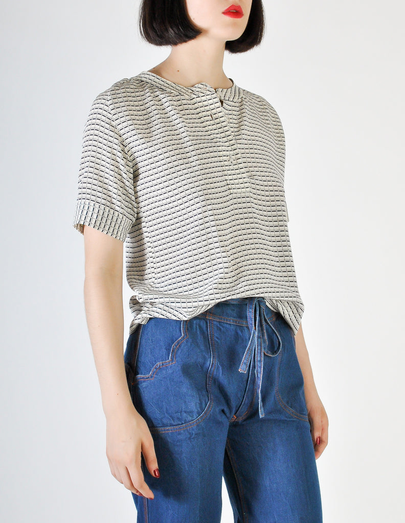 Chloé Vintage Navy Blue & Cream Grid Print Silk Top – Amarcord Vintage ...