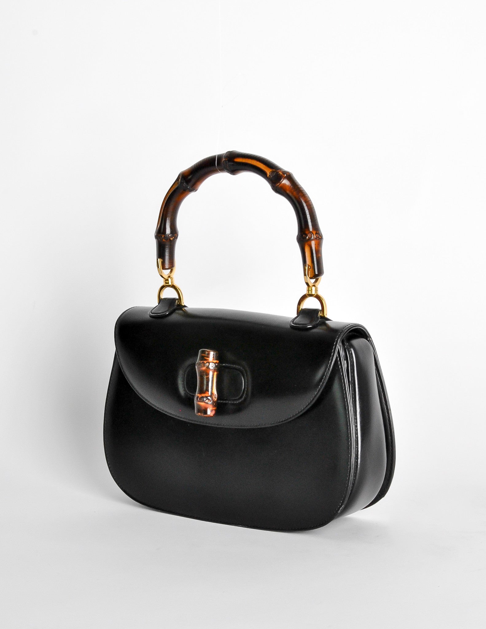 black leather gucci bag with bamboo handle