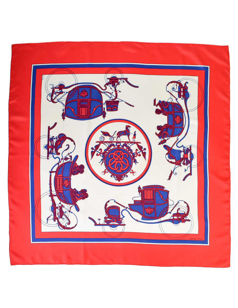 Hermes Vintage Ex Libris Red White Blue Carriage Silk Carre Scarf ...
