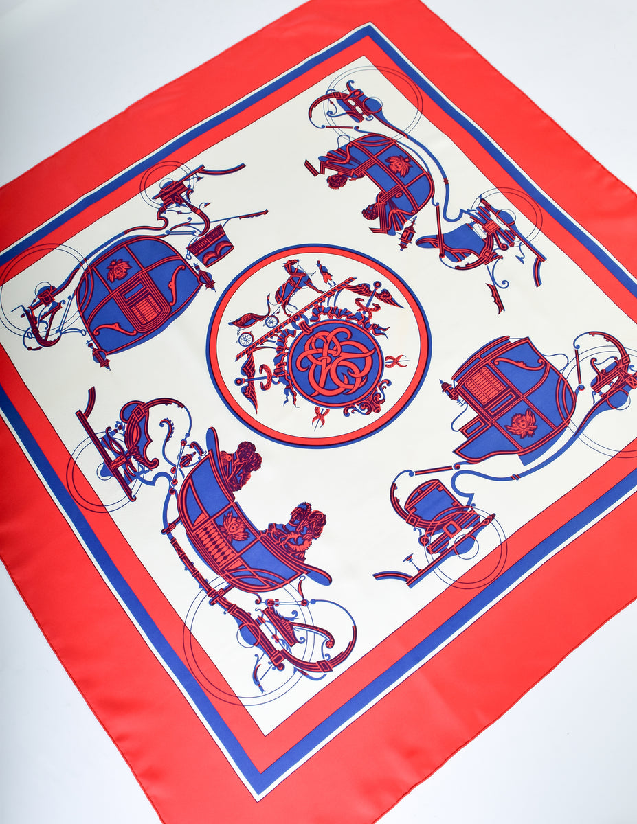 Hermes Vintage Ex Libris Red White Blue Carriage Silk Carre Scarf ...