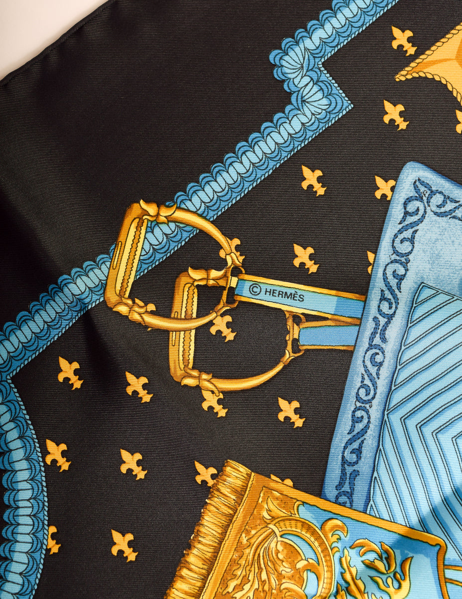 Hermes Vintage Selles A Housse Blue Yellow Equestrian Theme Silk Carre ...