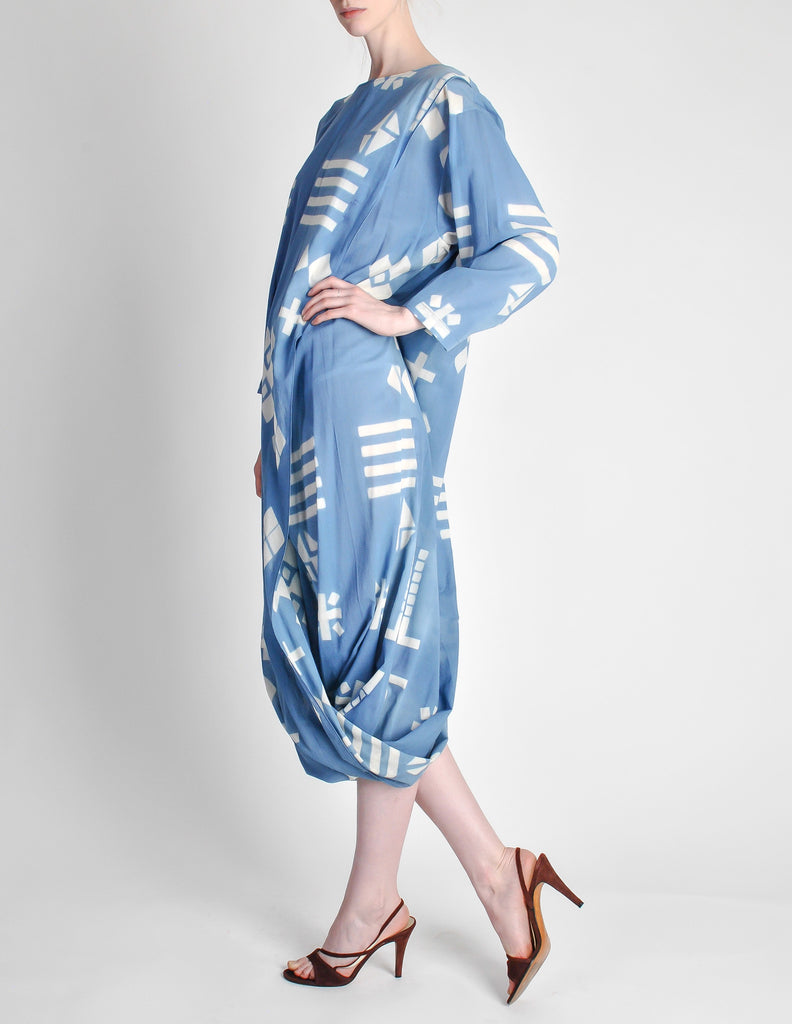 Issey Miyake Vintage Blue and White Cotton Geometric Draping Dress ...