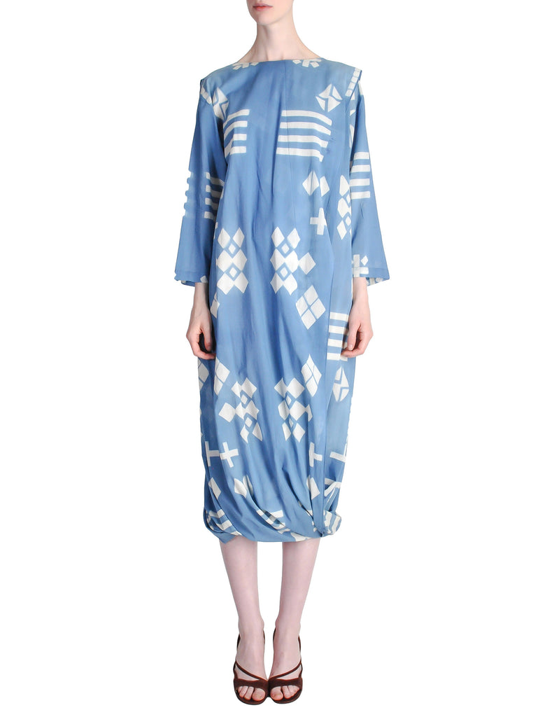 Issey Miyake Vintage Blue and White Cotton Geometric Draping Dress ...