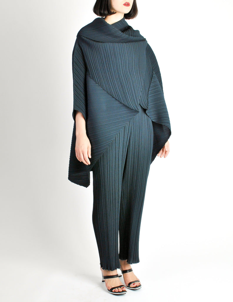 Issey Miyake Vintage Dark Blue Pleated Jacket & Pant Ensemble