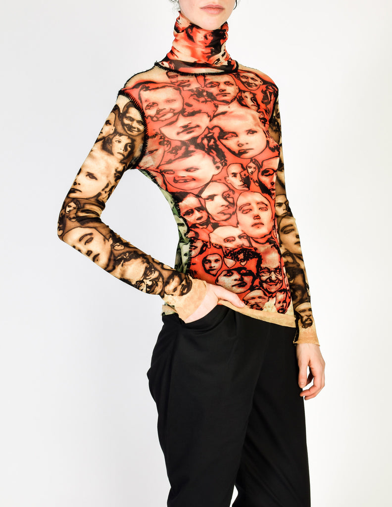 Jean Paul Gaultier Vintage Iconic Sheer Mesh Face Print Turtleneck